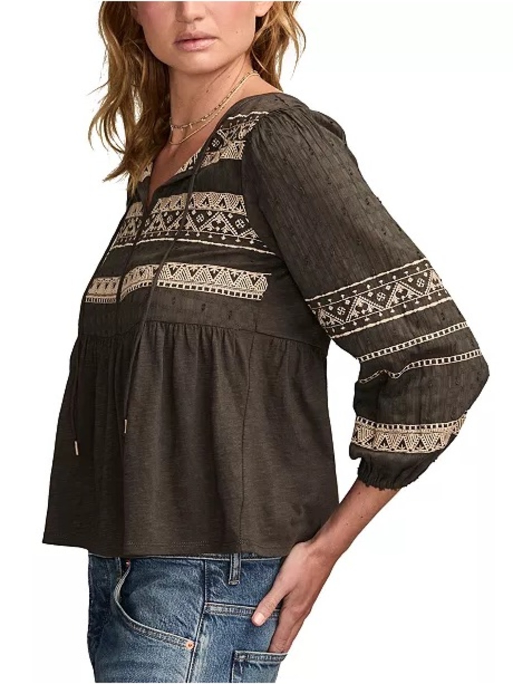 Lucky Brand Mixed Trim Embroidered Peasant Top Charcoal Boho Cotton Tie Neck M
